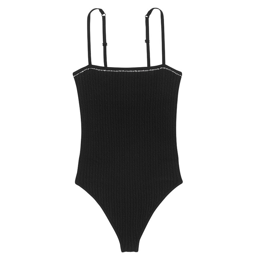 Nwt Victoria's‎ Secret Luxe Cable knit black ribbed shine crystal bodysuit M